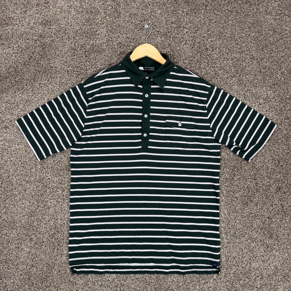 Onward Reserve Polo Shirt Mens XL Green Striped Cotton Short Sleeve Flap Pocket